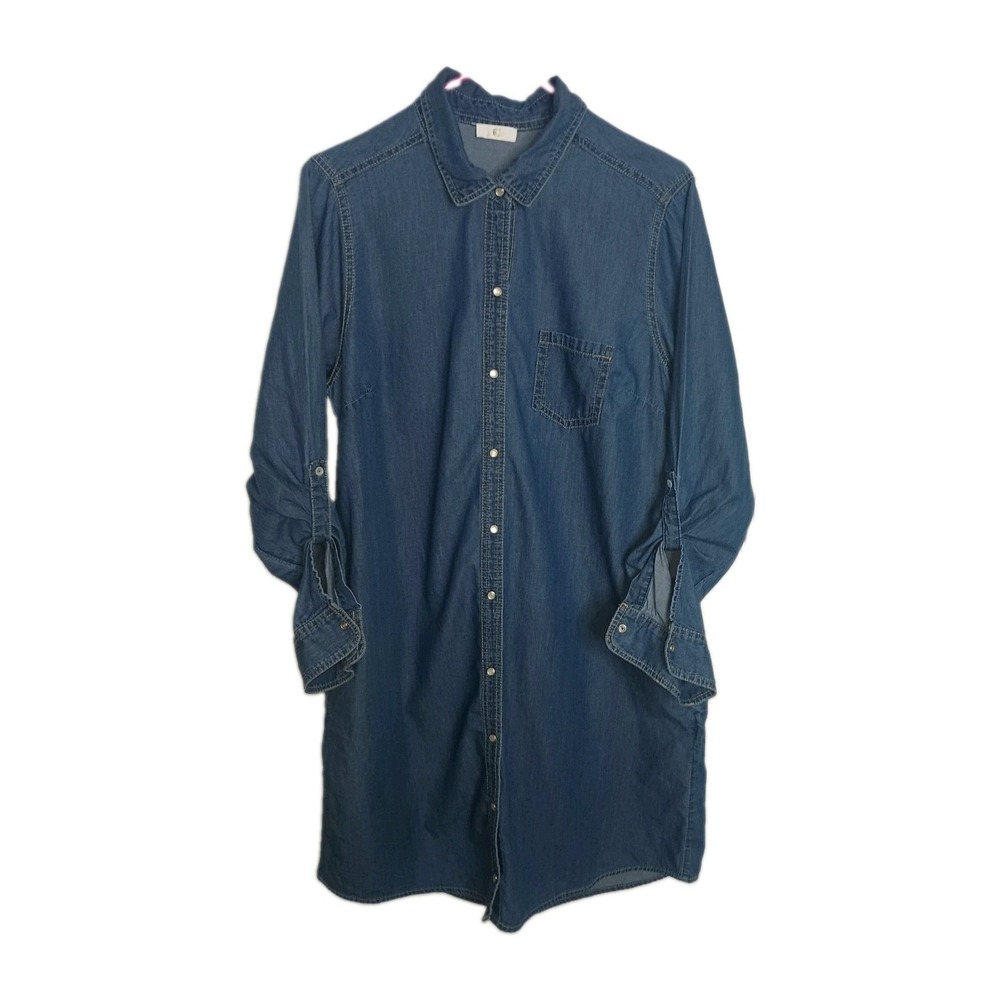 Charming Charlie Pearl Snap Roll Tab Chambray Shirt Dress Size Medium Blue